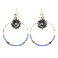 boucles d oreilles acier inoxydable cercle avec fleur gemme bleu