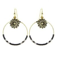 boucles d oreilles acier inoxydable cercle avec fleur gemme noir