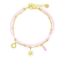 bracelet acier 316 inoxydable 2 rangs breloques pompon rose